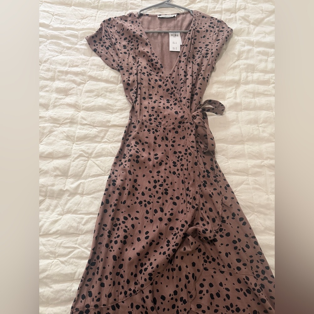 Elegant Brown Polka Dot Wrap Dress
